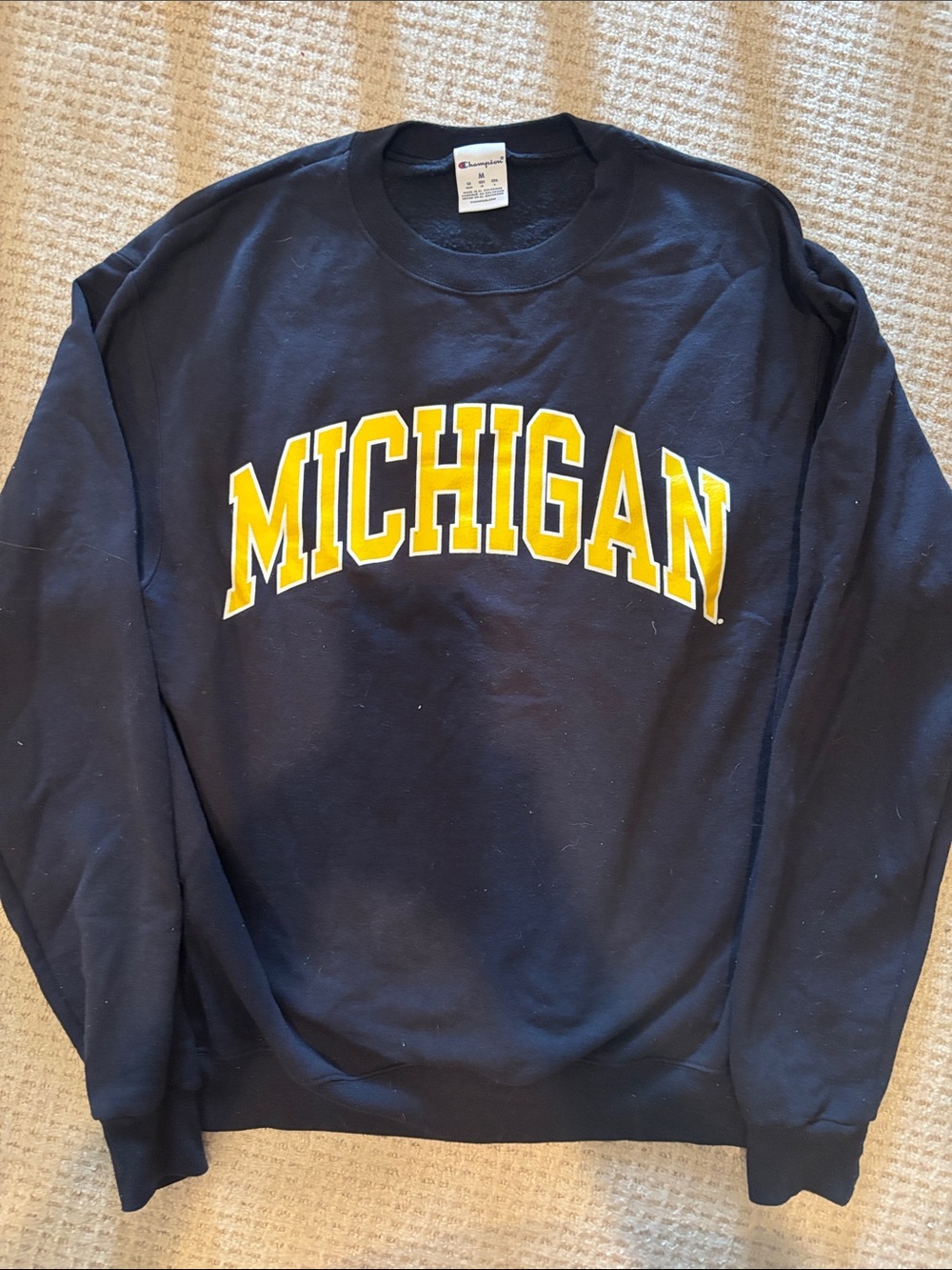 University of Michigan Champion Navy Crewneck with Yellow Michigan Arch